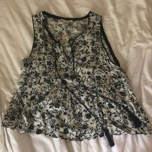 Blue and Cream peplum tank top with tassels